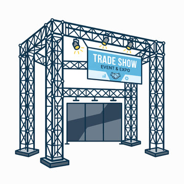 A trade show entrance archway with lights and a banner, featuring a stylized graphic of a handshake and growing chart.