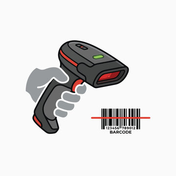 Hand holding a barcode scanner, red laser beam scanning a barcode.