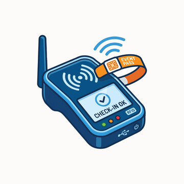 A device with an antenna and screen displays CHECK-IN OK with a checkmark. An orange wristband labeled EVENT PASS is being scanned by it.