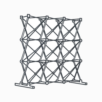 A line drawing of a pop-up display stand, featuring a collapsible scissor-like structure with legs for stability.