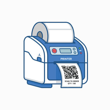 A blue and white printer is shown printing a label with a QR code and the text SCAN TO ORDER QTY: 100.