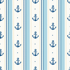 Vector seamless pattern of blue anchor with stripes. © KY