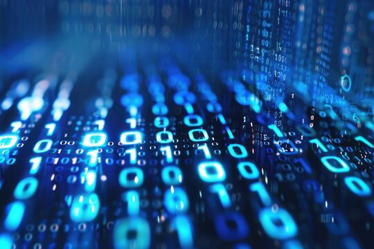 A digital grid of glowing neon blue binary code numbers with bokeh blur effect.
