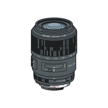 A detailed illustration of a Canon 105mm f/2.8 macro lens, showing aperture and focus markings, highlighting its professional photographic capabilities.