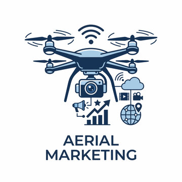 Drone with marketing icons, suggesting aerial marketing services for business growth.