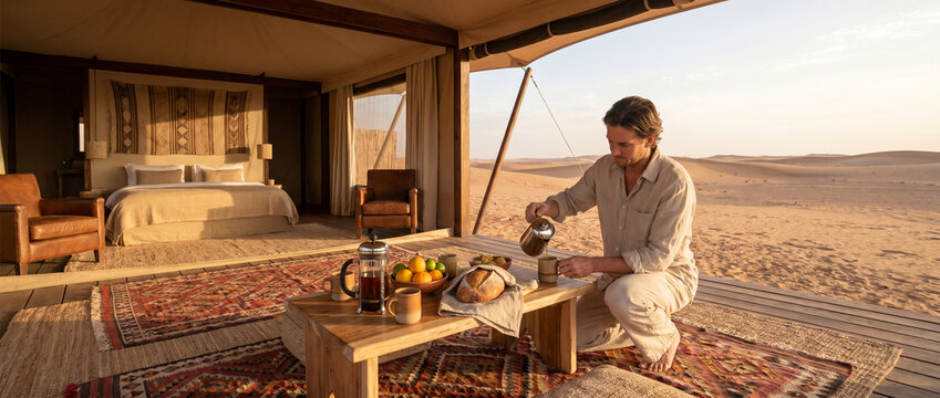 Remote desert breakfast as an unplugged luxury ritual