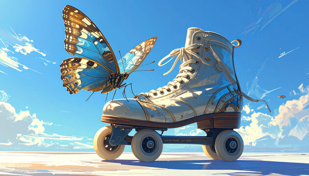 Dynamic roller skate transforming into a butterfly mid-flight, showcasing imaginative fusion of sport and nature.