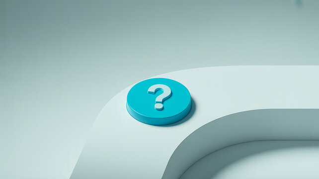 A solitary teal button featuring a white question mark sits on the edge of a minimalist, light-colored, curved surface, symbolizing inquiry and seeking answers.