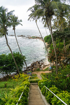 View of Secret Beach Mirissa with palm trees framing the turquoise ocean and rocky shoreline in Mirissa, Southern Province, Sri Lanka.