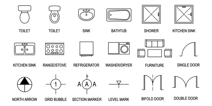 Architectural floor plan symbols set. Vector library of top view icons. windows doors furniture kitchen appliances HVAC systems and technical schematic components for interior architectural plans.