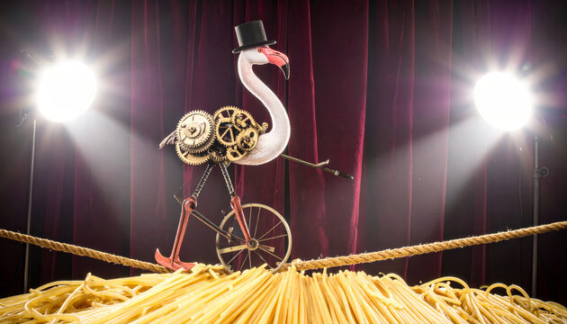Clockwork Flamingo in Bowler Hat Pedaling a Unicycle on a Tightrope Act