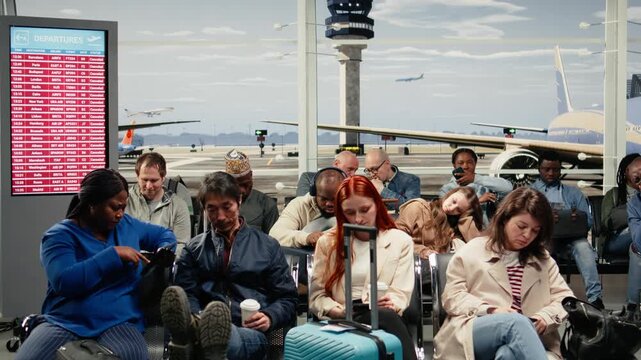 Bored tourists wait in an airport lounge for another plane after a cancelled flight, scrolling on phones and resting with luggage during travel disruption.