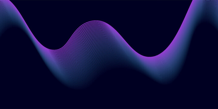Abstract dynamic wave line. Colorful flowing blue and purple light on black background. Modern lines wave. Vcetor illustration