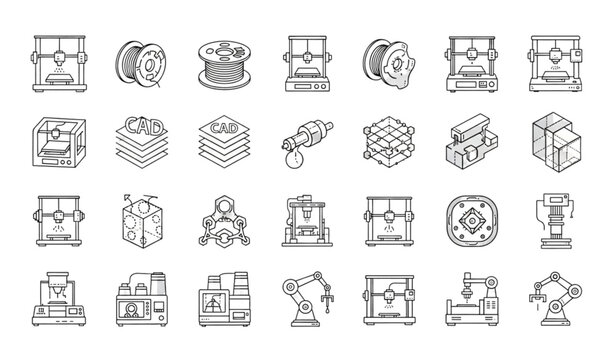 3D printing and additive manufacturing icon set vector illustration
