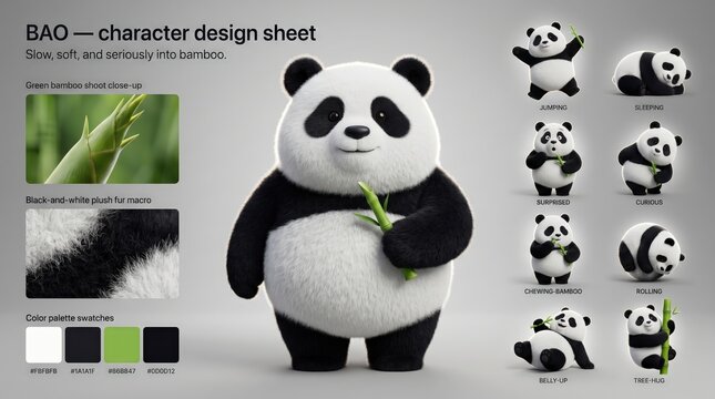 Cartoon panda character design sheet featuring various poses and expressions, showcasing bamboo elements and color palette swatches for creative projects and mockups