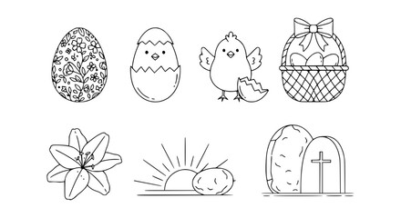 Naklejka premium Easter Line Art Icons: Eggs, Chick, Basket, Lily, Sunrise, Tombstone