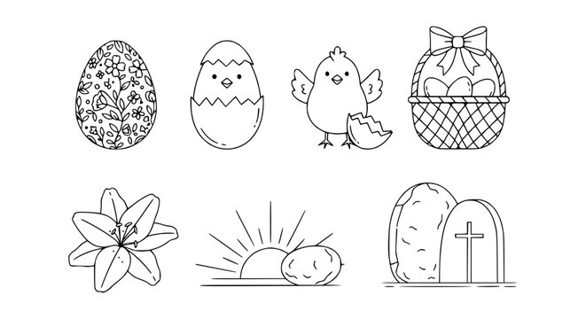 Easter Line Art Icons: Eggs, Chick, Basket, Lily, Sunrise, Tombstone