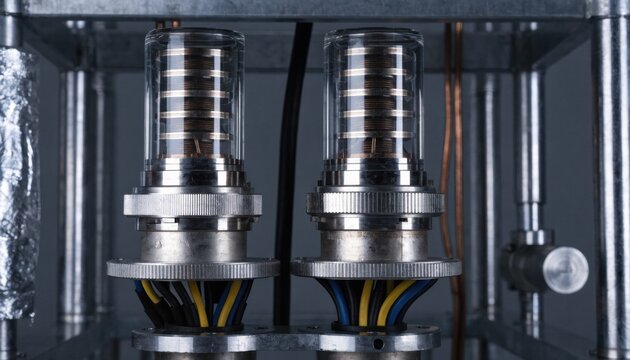 Medium closeup of multipin hermetic glasstometal feedthrough connectors highlighting intricate sealing and electrical isolation for complex power feedthrough systems.