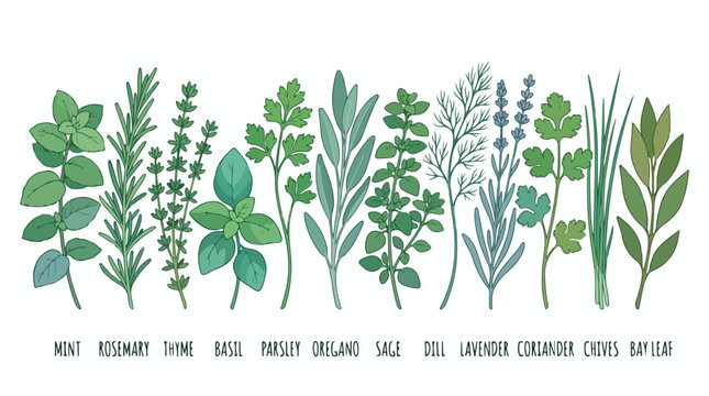 Assorted fresh green herbs including mint basil thyme parsley and sage arranged in a row on a white background