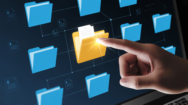 A finger pointing at a highlighted yellow folder icon among a grid of blue folder icons on a dark screen, illustrating digital file management and organization.