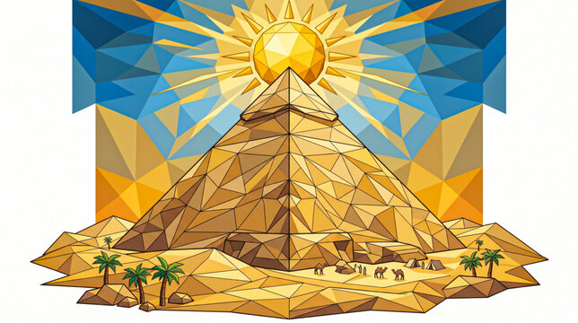 Egyptian pyramid in a sandy desert under a bright geometric sun in low poly vector illustration style.