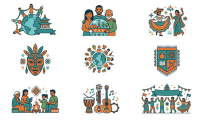 Fototapeta premium Vibrant vector illustrations depicting global diversity, cultural traditions, community unity, and family heritage, celebrating human connection and shared experiences worldwide
