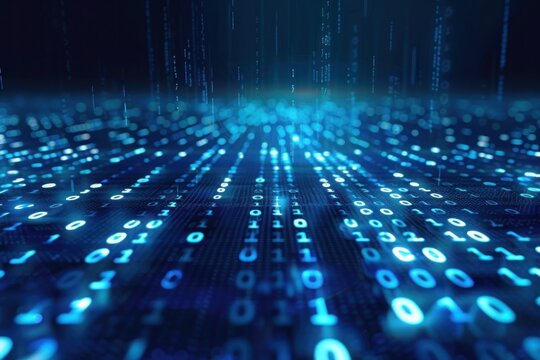 A digital grid of glowing neon blue binary code numbers with bokeh blur effect.