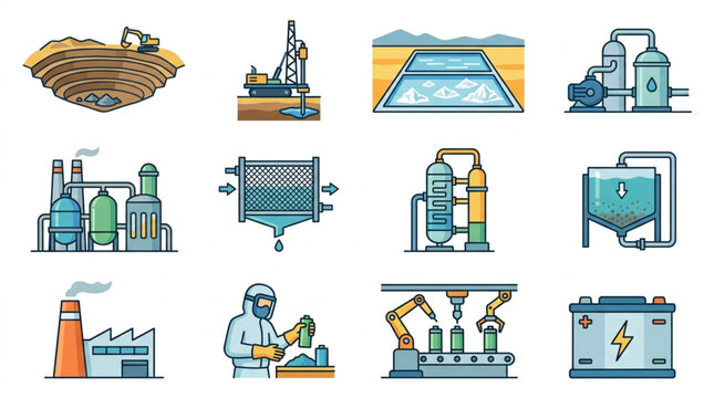 Industrial Manufacturing and Energy Production Icons Set.