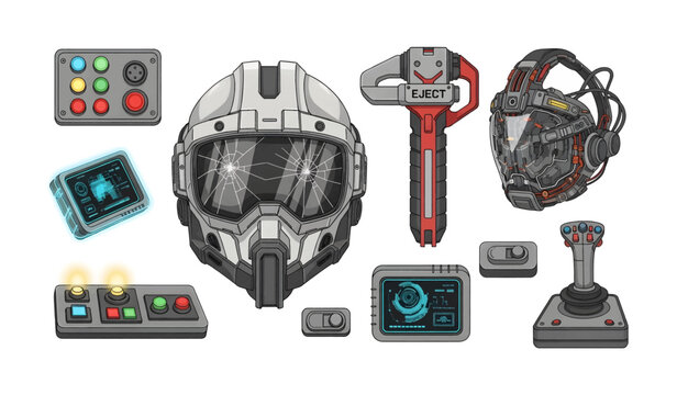 Collection of Space helmet and gaming controller equipment.