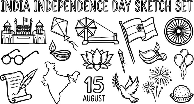 India Independence Day Sketch Set - Black and White Line Art Icons, Patriotic Symbols  Cultural Doodles for August 15th Celebrations