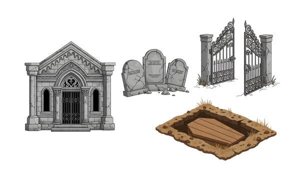 Collection of Cemetery gate and tombstones illustration.