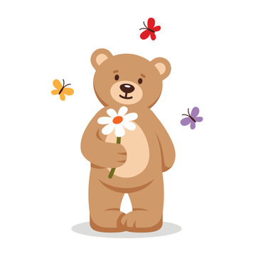 Cute shy teddy bear holding a flower as a gift. Toy animal character vector illustration.
