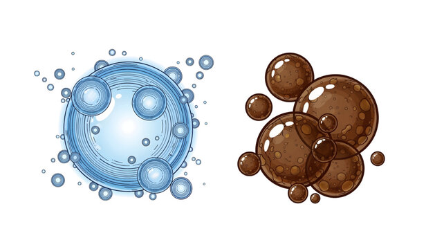 Blue and brown bubbles floating freely.