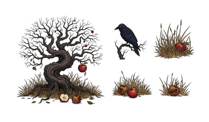 Naklejka premium Collection of horror withered tree