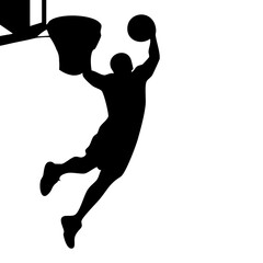Basketball slam dunk silhouette vector, Basketball player dunking into hoop, Action jump slam dunk silhouette, Basketball player scoring hoop silhouette © Dream Graphics