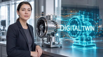Fototapeta premium Digital twin concept with person beside a real machine and its glowing holographic light replica in a bright modern facility