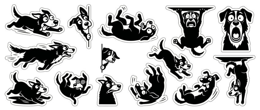 Silly Dogs Vector Sticker Sheet Black Silhouette Minimalist Chaotic Poses