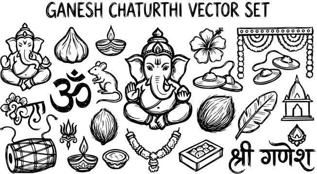 Ganesh Chaturthi Hindu Festival Vector Set: Hand-drawn Black  White Line Art Doodle Collection of Lord Ganesha, Puja Items  Cultural Symbols