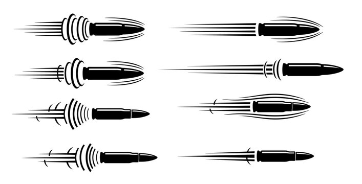 Flying bullet silhouettes with motion trails. Vector fast shot gun ammunition set.