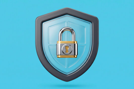 Escudo de protecci&oacute;n fuerte 3D frontal con candado met&aacute;lico de cromo y oro, defensa de datos