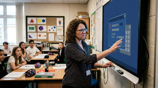 Teacher touching interactive screen in classroom. Woman educator interacting with digital whiteboard while diverse students watch. Instruction and modern smart technology in education.