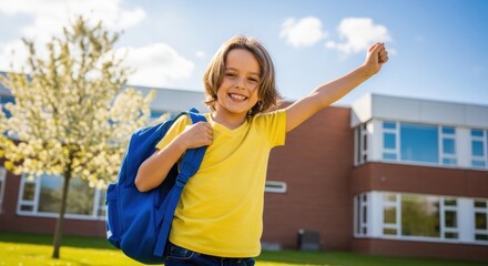 Naklejka premium Happy boy raising hand with backpack outside school on sunny day 