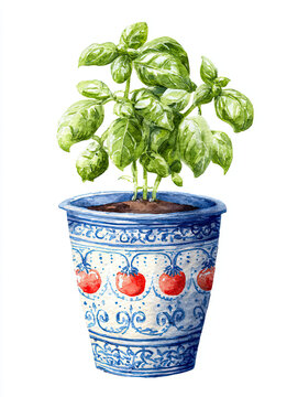 Basil Plant in Blue and White Ceramic Pot, Watercolor Illustration