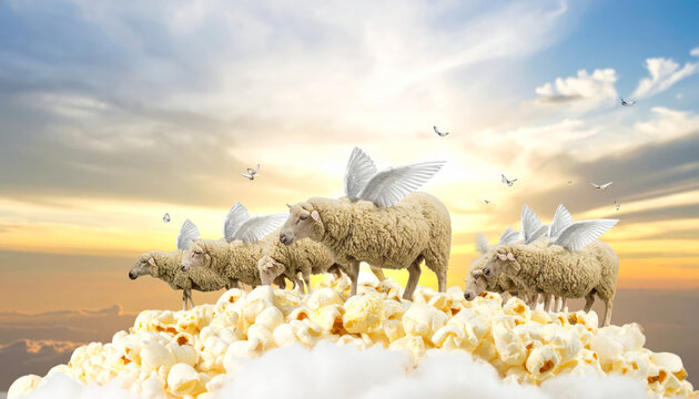 Flock of Sheep with White Wings Grazing on a Cloud of Popcorn Amidst a Dreamy Sky