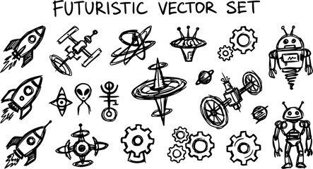 Futuristic Vector Set: Space Rockets, Robots, Aliens, UFOs, Satellites  Gears in Hand-Drawn Line Art Style © torabutterfly