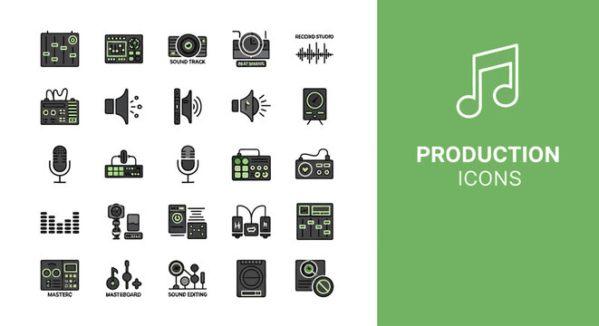 Sound production icons for music and audio equipment.