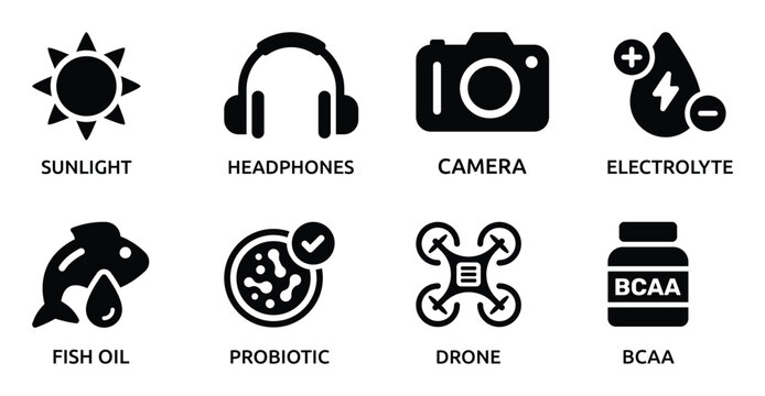 Black icons of health, tech and lifestyle vector illustration