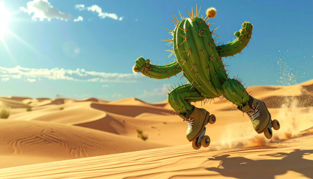 Humanoid cactus performing dynamic roller skating tricks across sun-drenched desert dunes