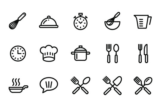 Kitchen And Cooking Line Icon Set, Chef Hat, Whisk, Spatula, Frying Pan And Measuring Cup For Restaurant Food Preparation Vector Illustration.