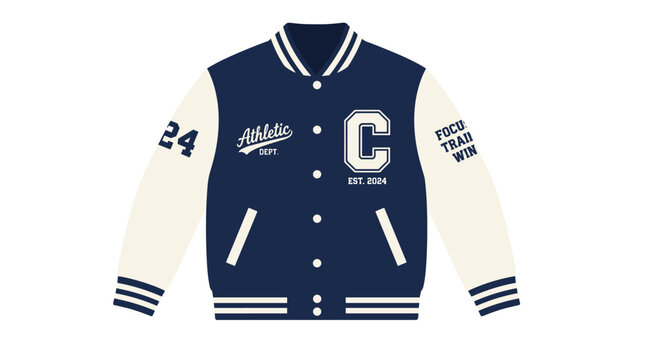 Blue Varsity Jacket With White Sleeves And Patches.